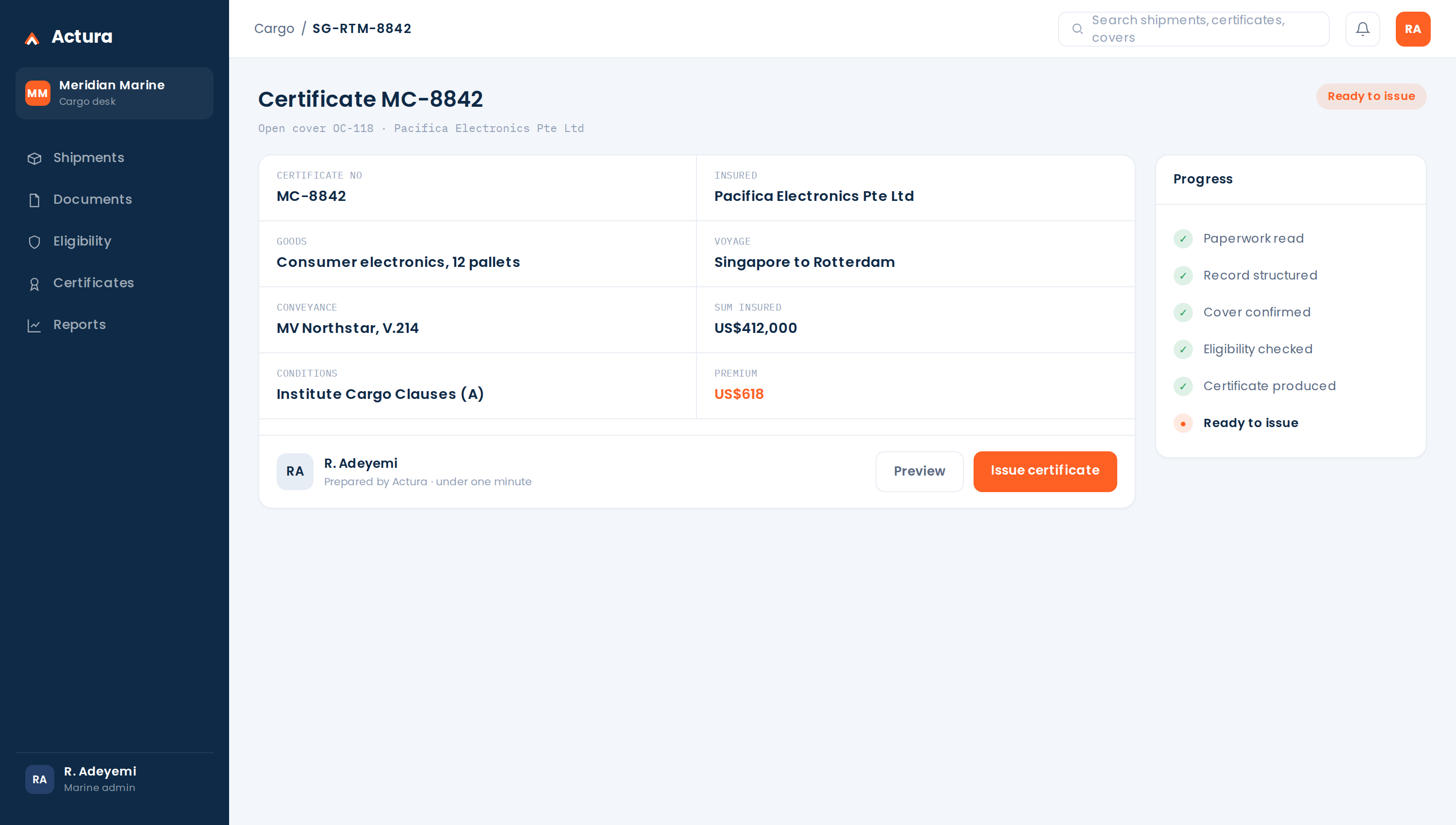 Actura certificate: the marine cargo certificate produced from the record, ready to issue.
