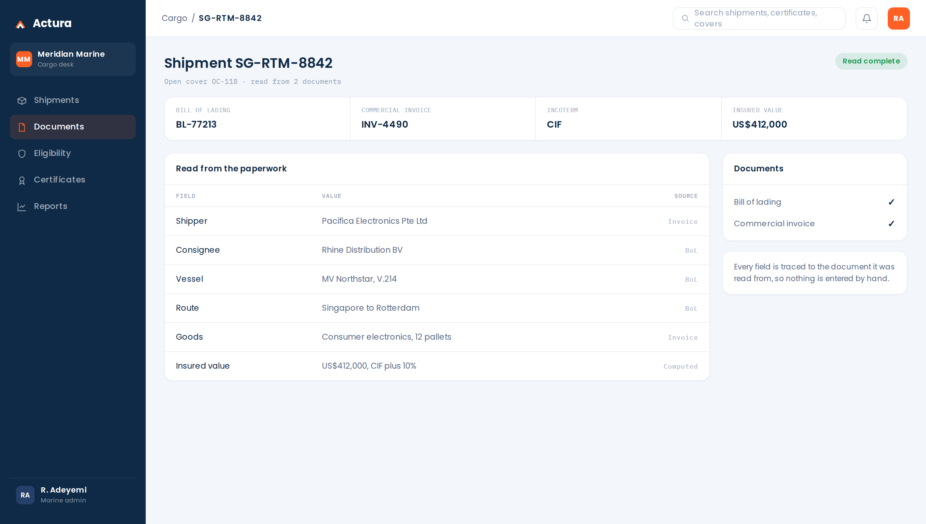 Actura certificates screen: shipment details read from the bill of lading and invoice, traced to source.