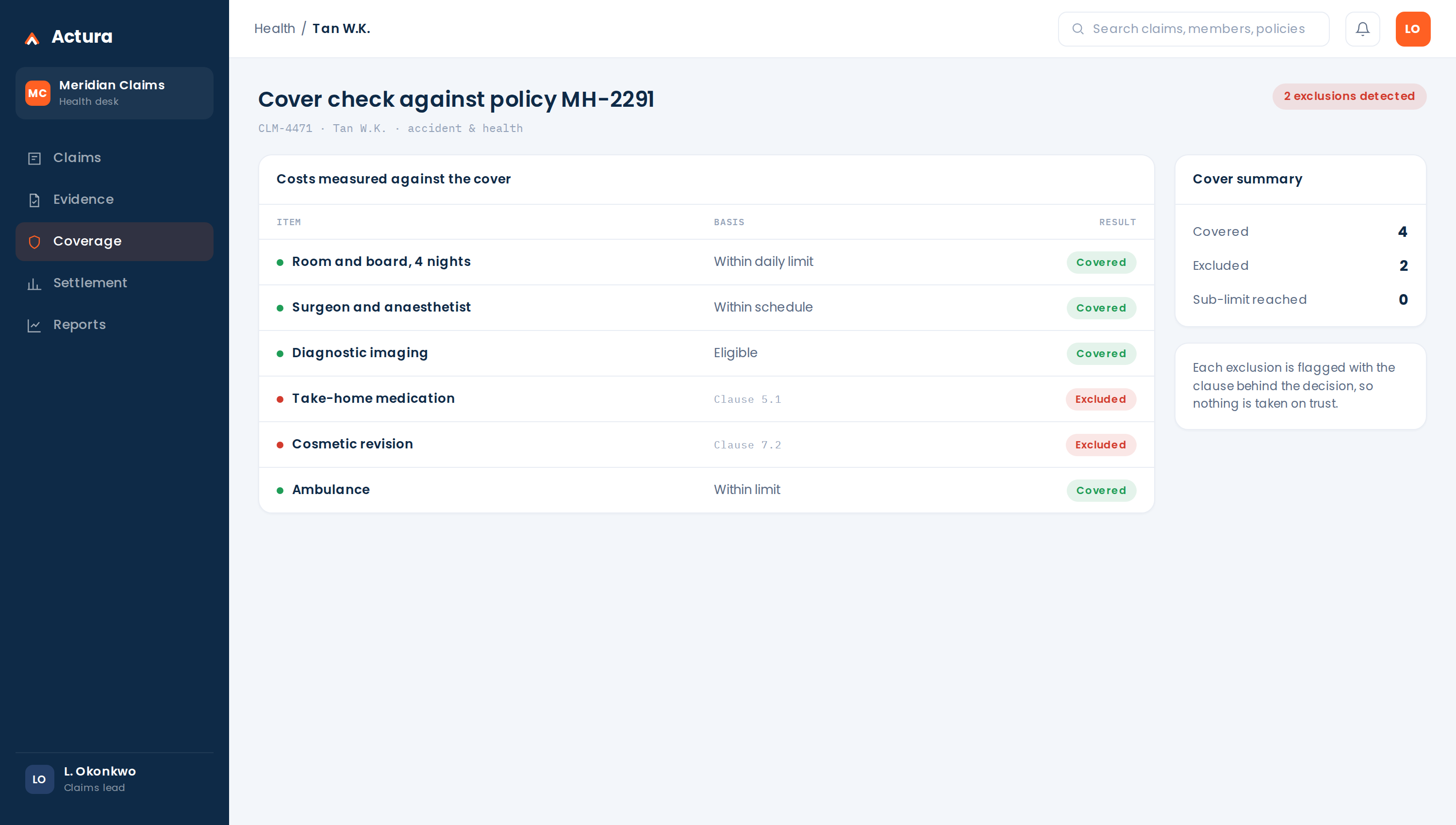 Actura coverage check: each cost measured against the policy, with exclusions flagged by clause.