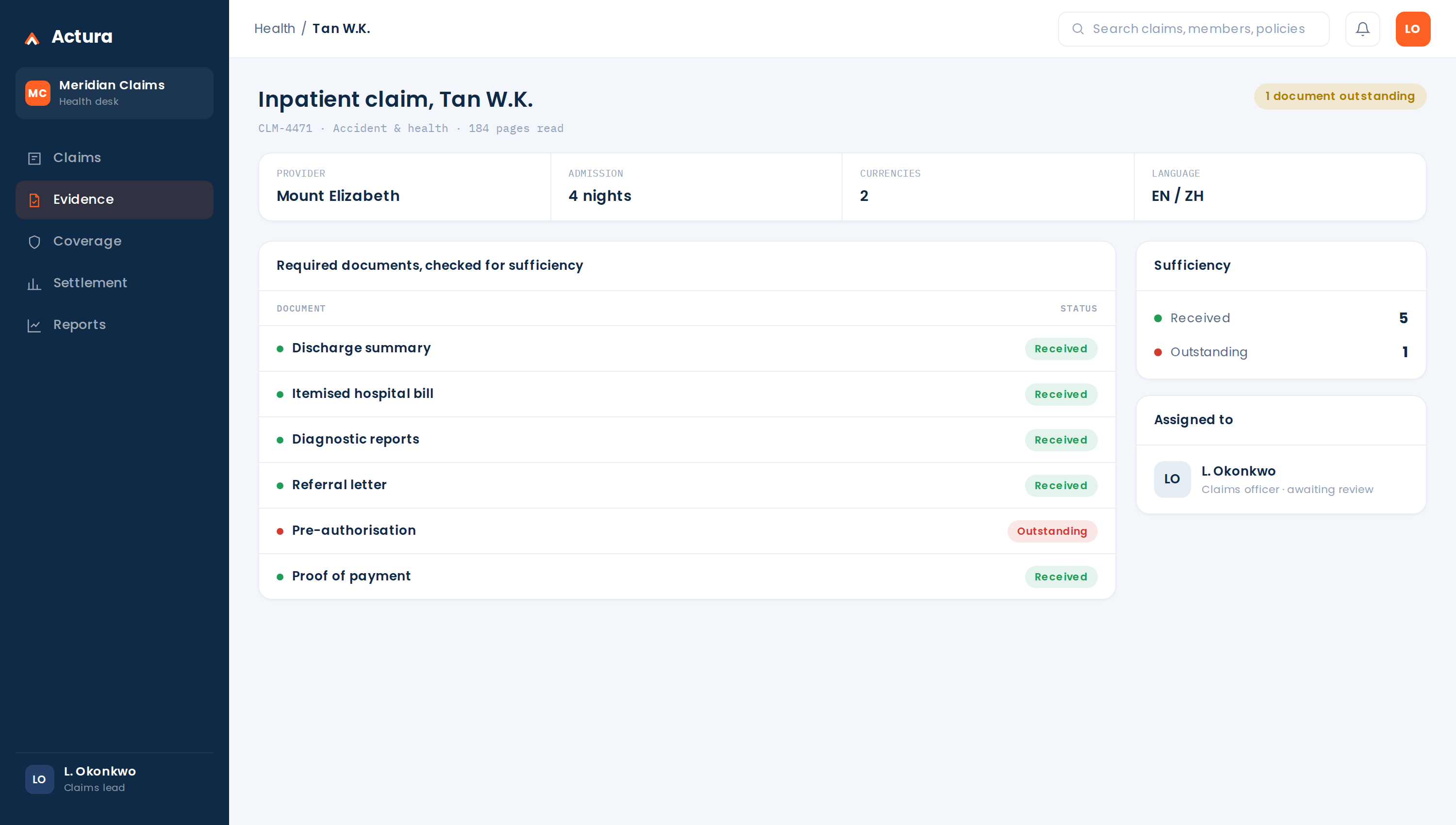 Actura claims screen: required documents checked for sufficiency, with missing items flagged.