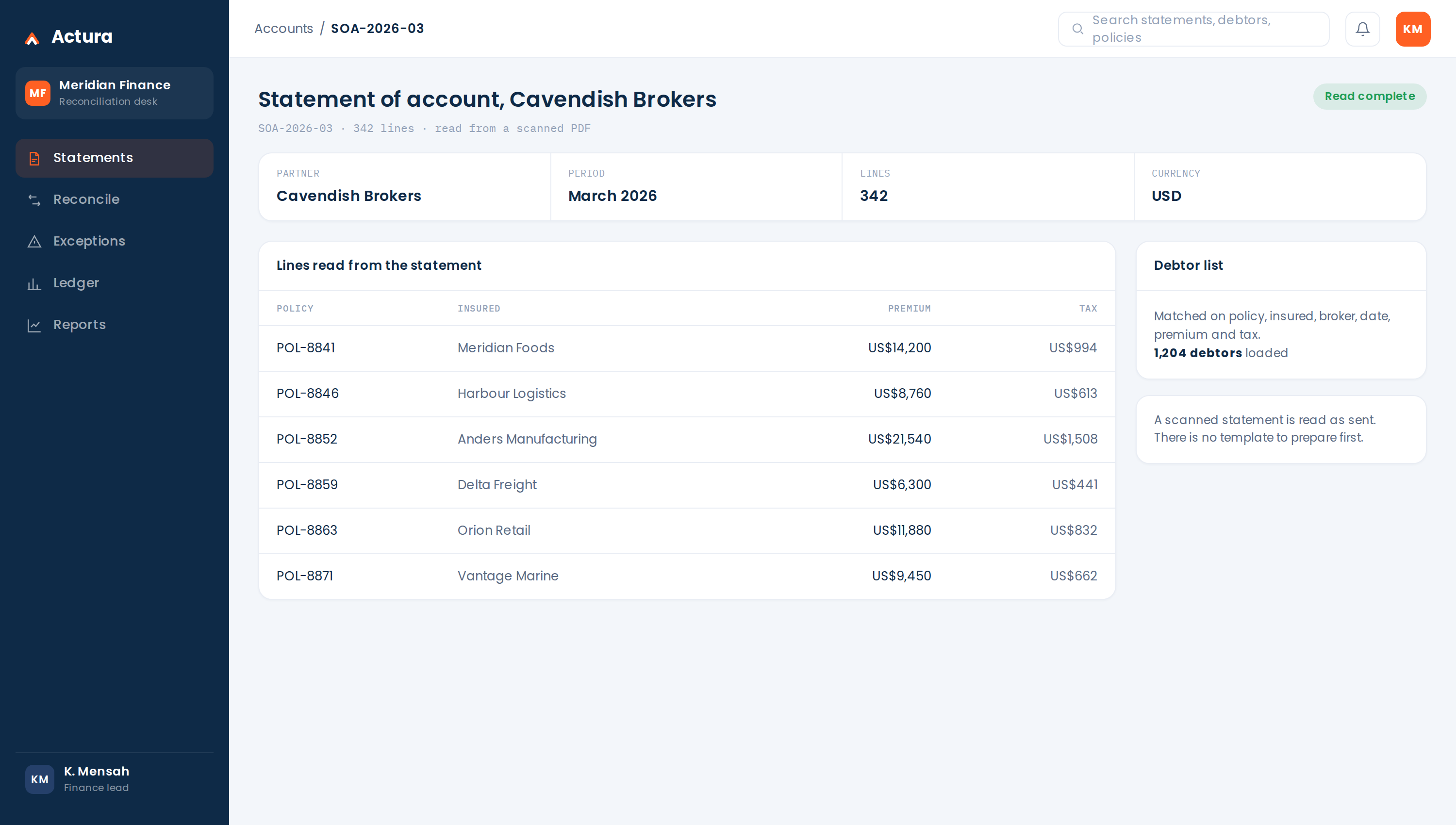 Actura reconciliation screen: a statement of account read from a scan into structured lines.